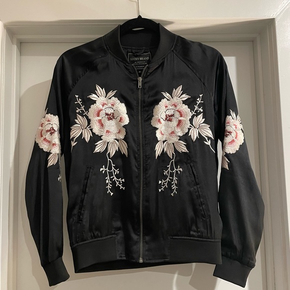 Lucky Brand Embroidered Satin Bomber Jacket - Picture 1 of 3